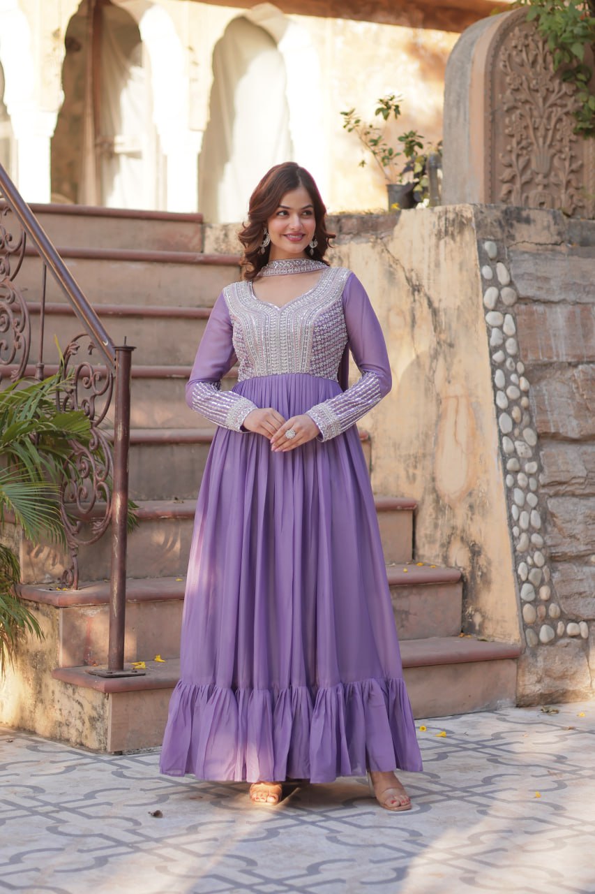 Exquisite Georgette Embroidered Beads Sequins Worked Gown With Dupatta - INDIAN ELEGANCE