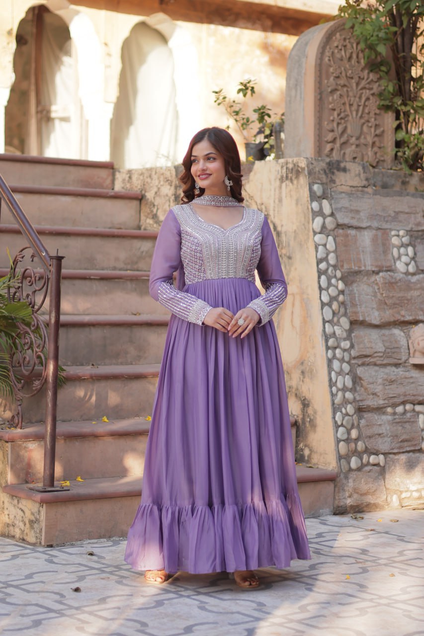 Exquisite Georgette Embroidered Beads Sequins Worked Gown With Dupatta - INDIAN ELEGANCE