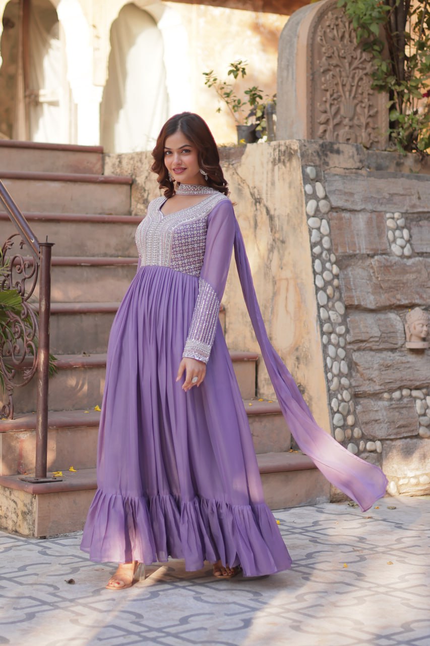 Exquisite Georgette Embroidered Beads Sequins Worked Gown With Dupatta - INDIAN ELEGANCE