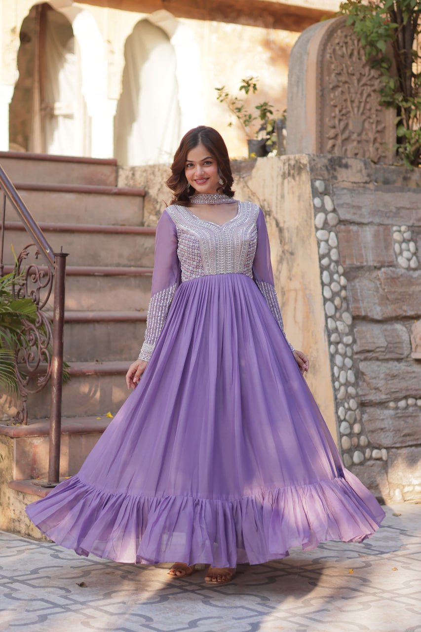 Exquisite Georgette Embroidered Beads Sequins Worked Gown With Dupatta - INDIAN ELEGANCE