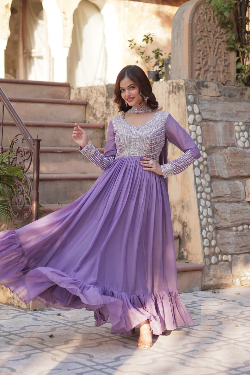 Exquisite Georgette Embroidered Beads Sequins Worked Gown With Dupatta - INDIAN ELEGANCE