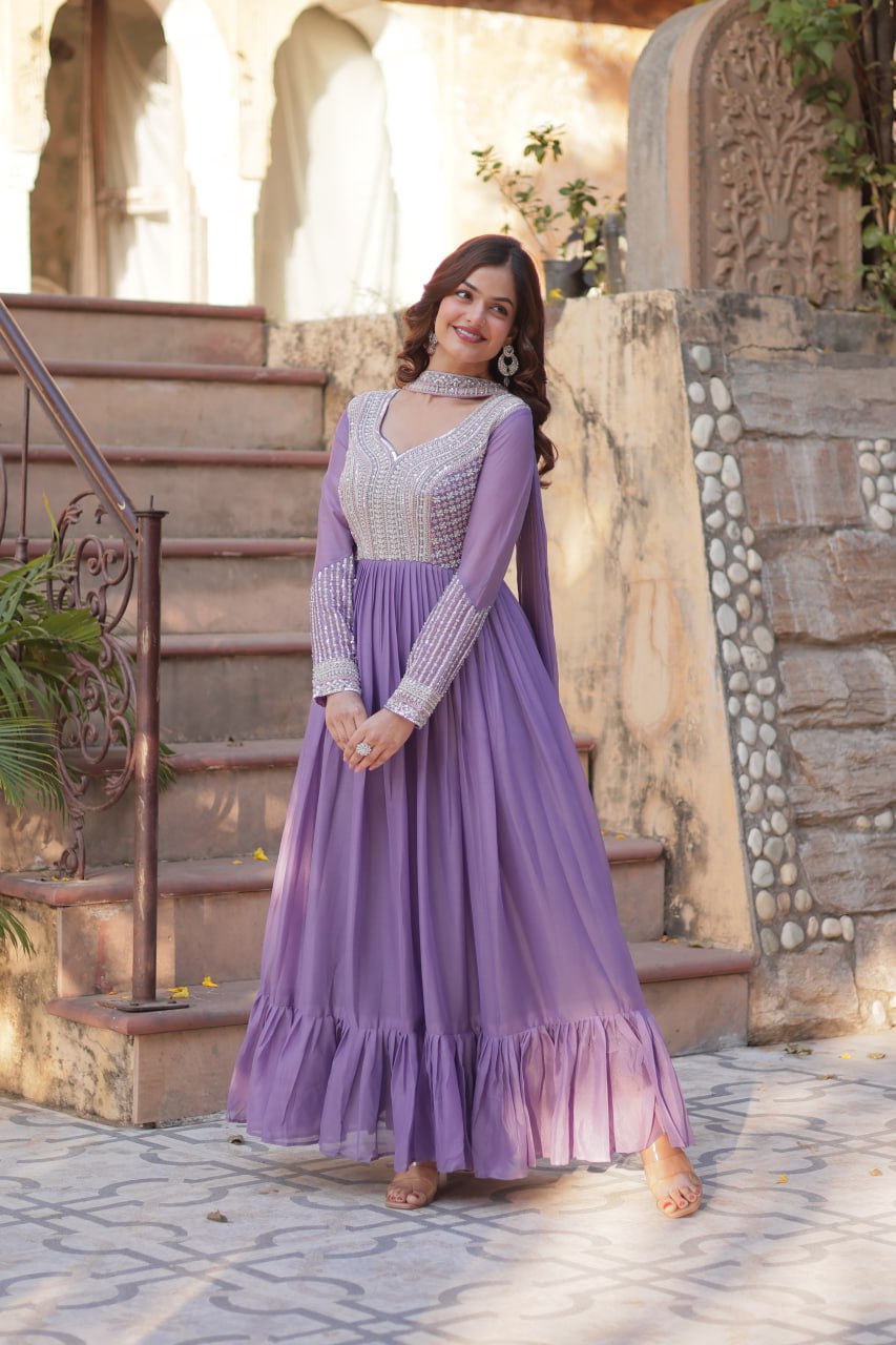 Exquisite Georgette Embroidered Beads Sequins Worked Gown With Dupatta - INDIAN ELEGANCE