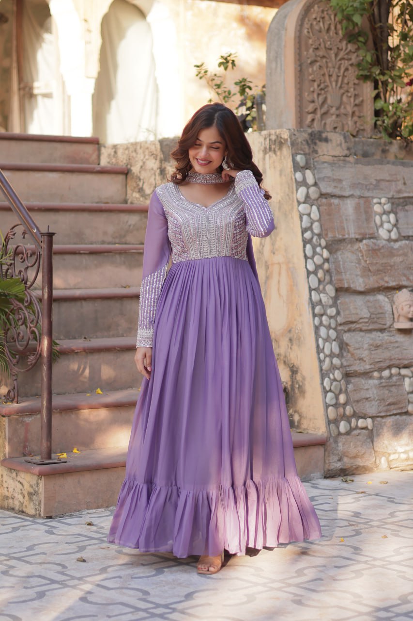Exquisite Georgette Embroidered Beads Sequins Worked Gown With Dupatta - INDIAN ELEGANCE