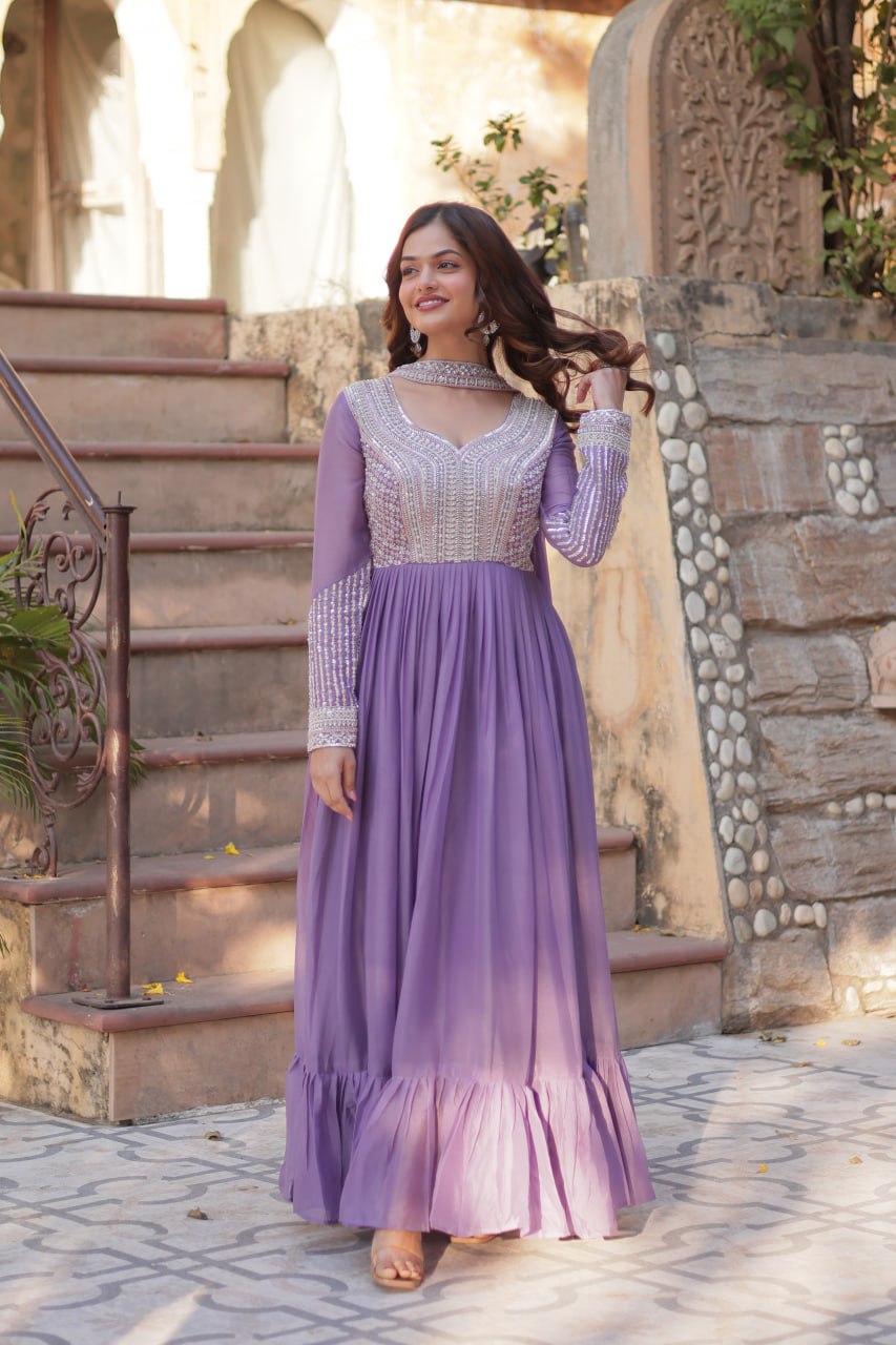 Exquisite Georgette Embroidered Beads Sequins Worked Gown With Dupatta - INDIAN ELEGANCE