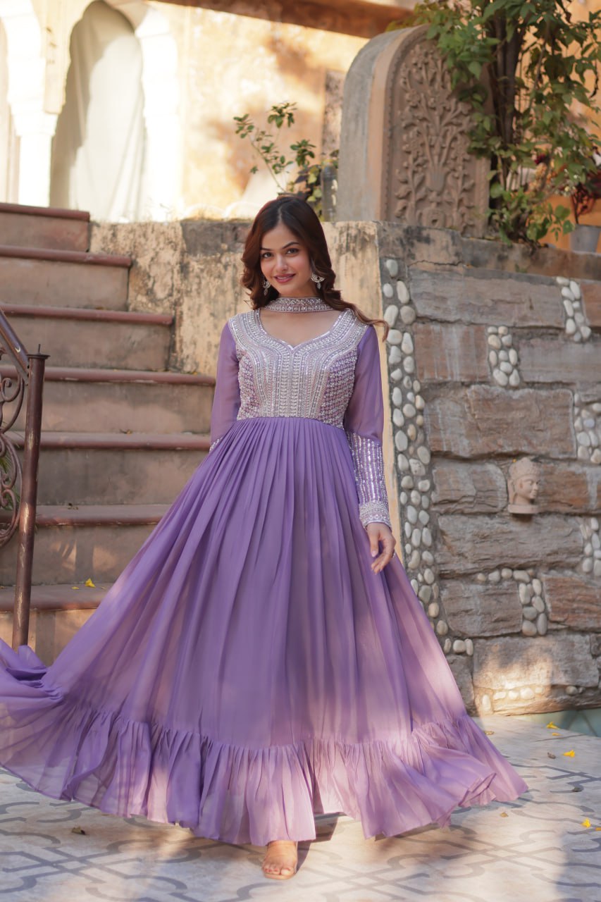 Exquisite Georgette Embroidered Beads Sequins Worked Gown With Dupatta - INDIAN ELEGANCE