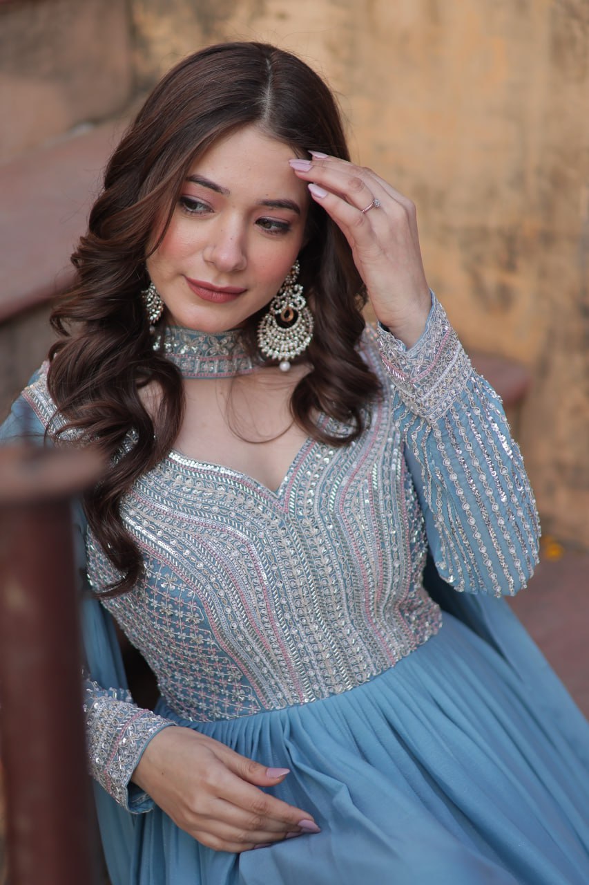 Exquisite Georgette Embroidered Beads Sequins Worked Gown With Dupatta - INDIAN ELEGANCE