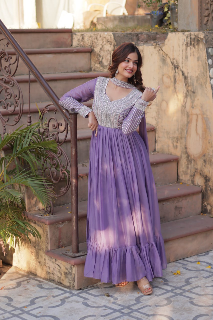 Exquisite Georgette Embroidered Beads Sequins Worked Gown With Dupatta - INDIAN ELEGANCE