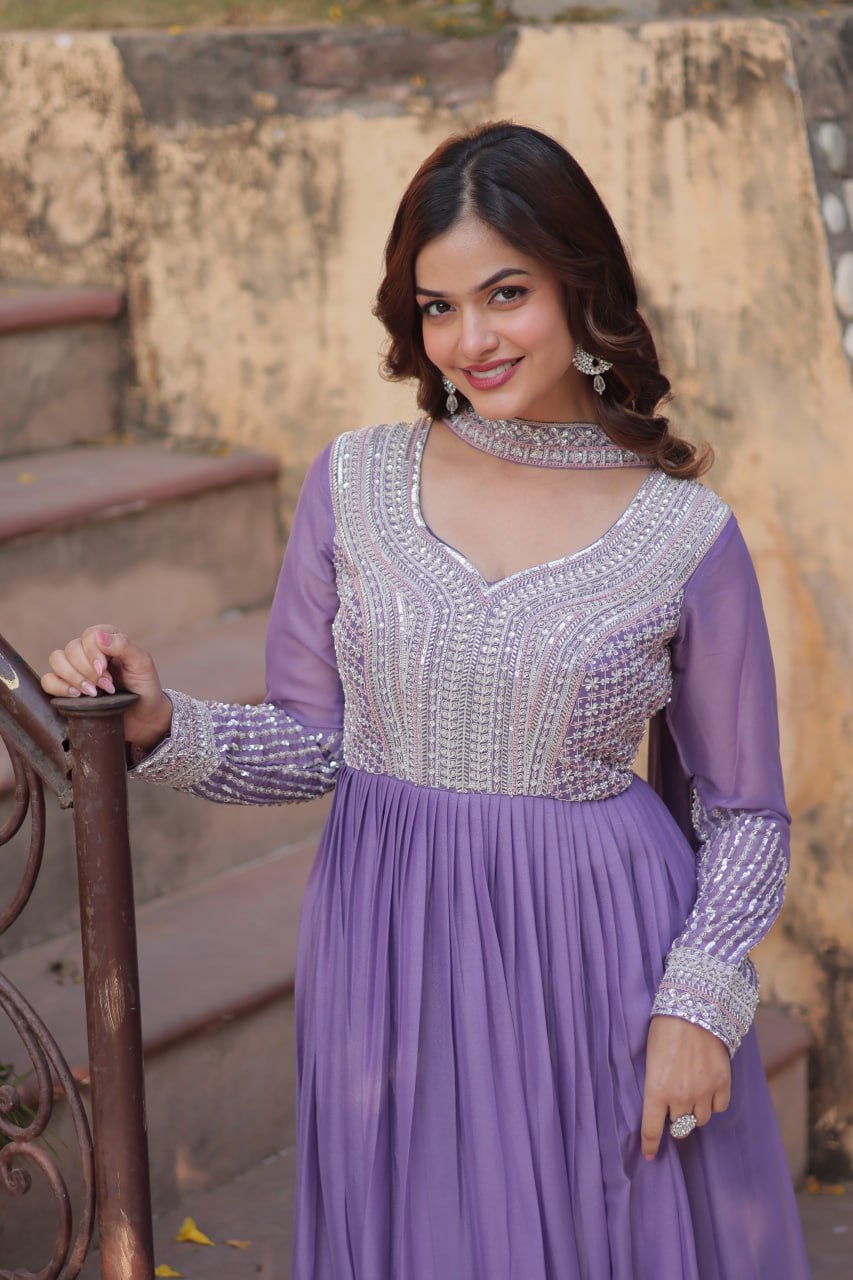 Exquisite Georgette Embroidered Beads Sequins Worked Gown With Dupatta - INDIAN ELEGANCE