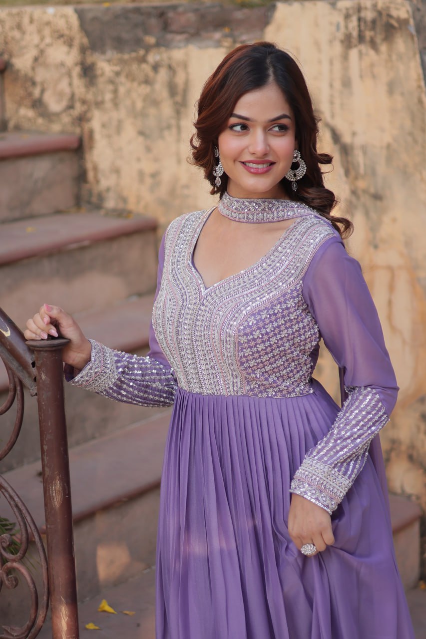 Exquisite Georgette Embroidered Beads Sequins Worked Gown With Dupatta - INDIAN ELEGANCE