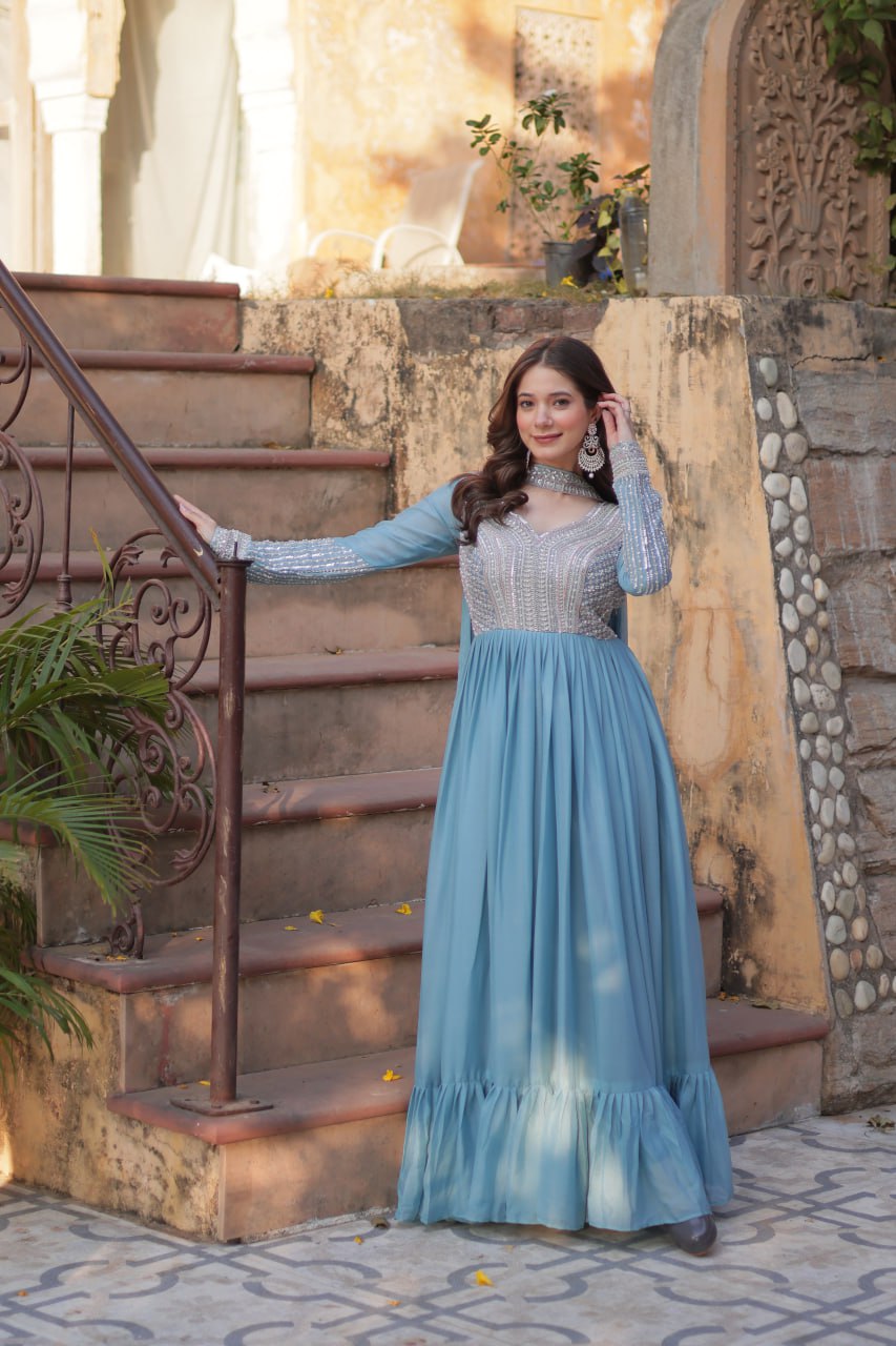 Exquisite Georgette Embroidered Beads Sequins Worked Gown With Dupatta - INDIAN ELEGANCE