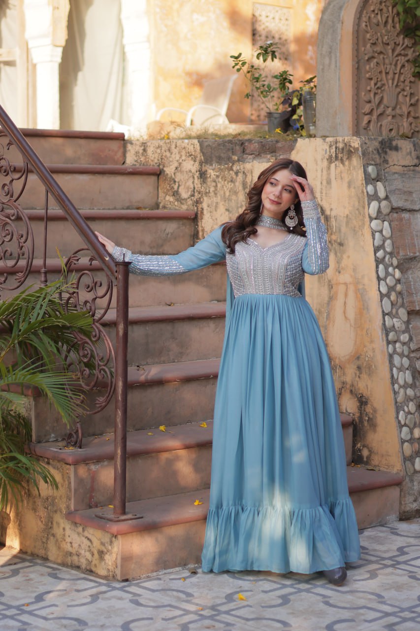 Exquisite Georgette Embroidered Beads Sequins Worked Gown With Dupatta - INDIAN ELEGANCE