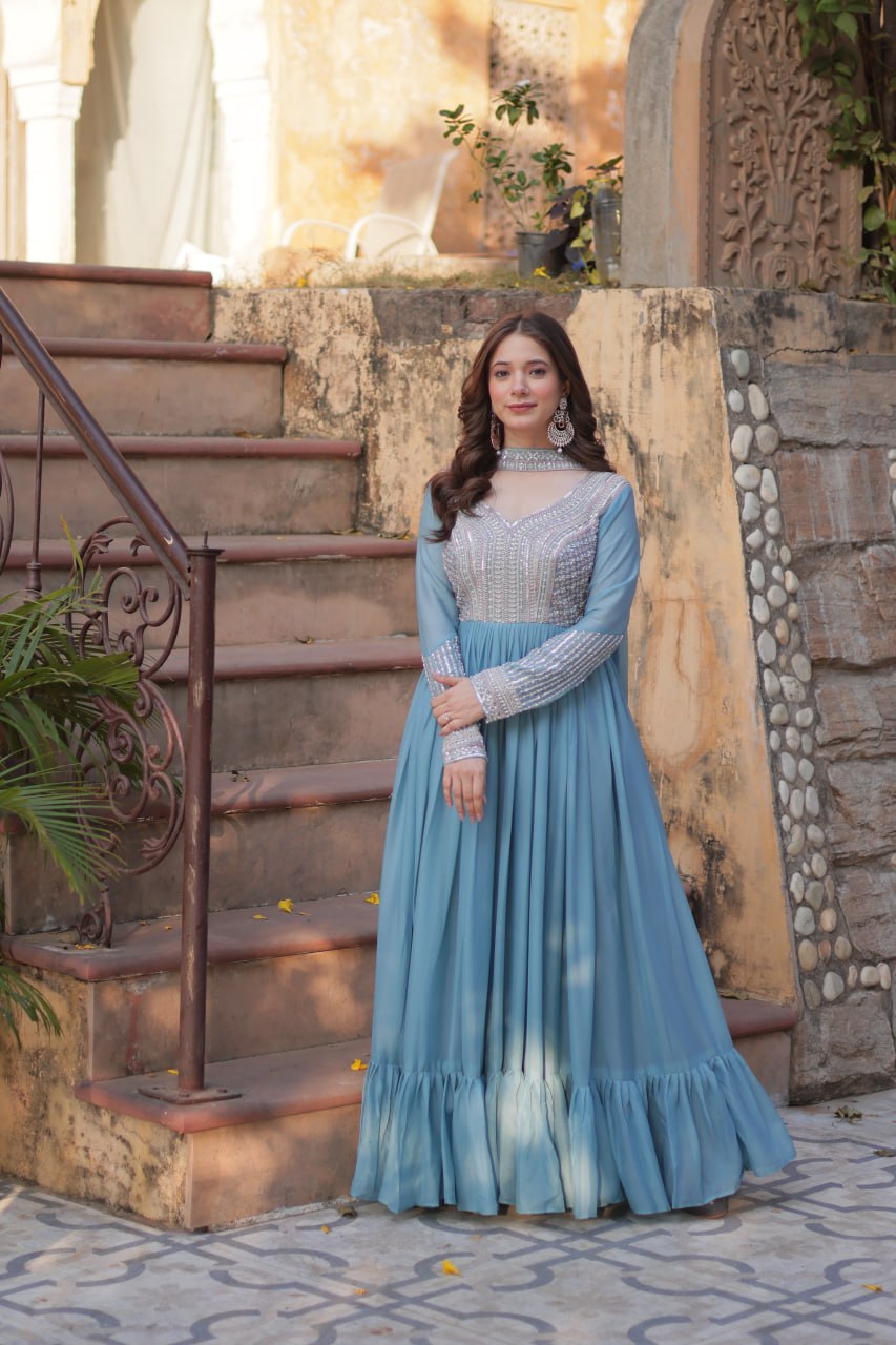 Exquisite Georgette Embroidered Beads Sequins Worked Gown With Dupatta - INDIAN ELEGANCE
