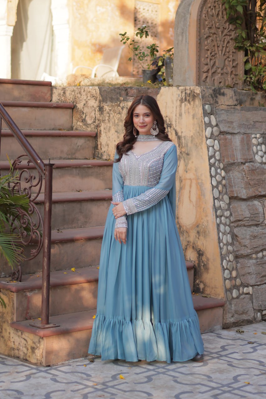 Exquisite Georgette Embroidered Beads Sequins Worked Gown With Dupatta - INDIAN ELEGANCE