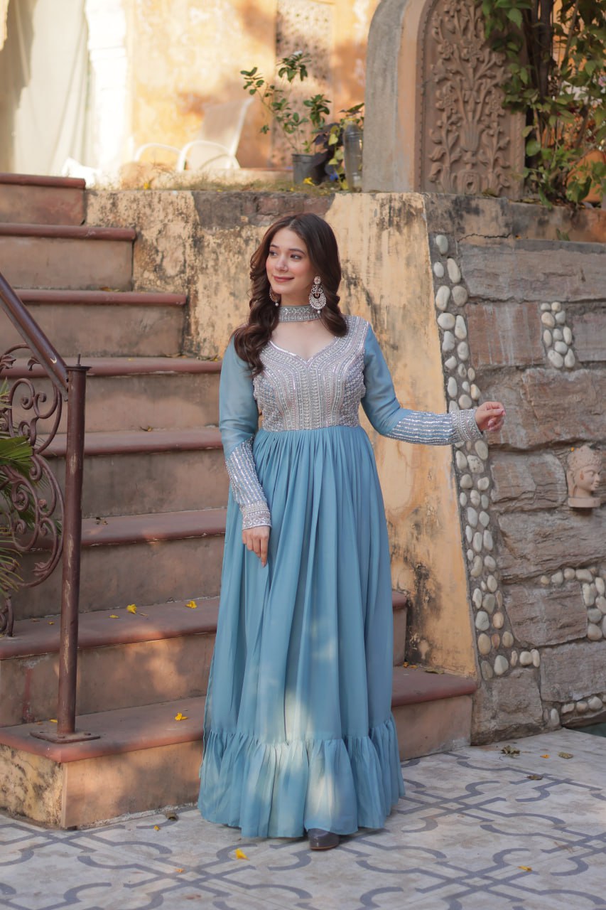 Exquisite Georgette Embroidered Beads Sequins Worked Gown With Dupatta - INDIAN ELEGANCE