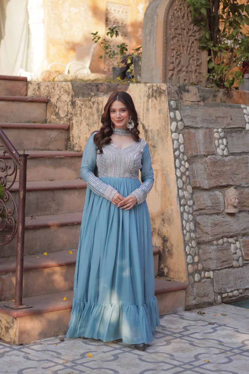 Exquisite Georgette Embroidered Beads Sequins Worked Gown With Dupatta - INDIAN ELEGANCE