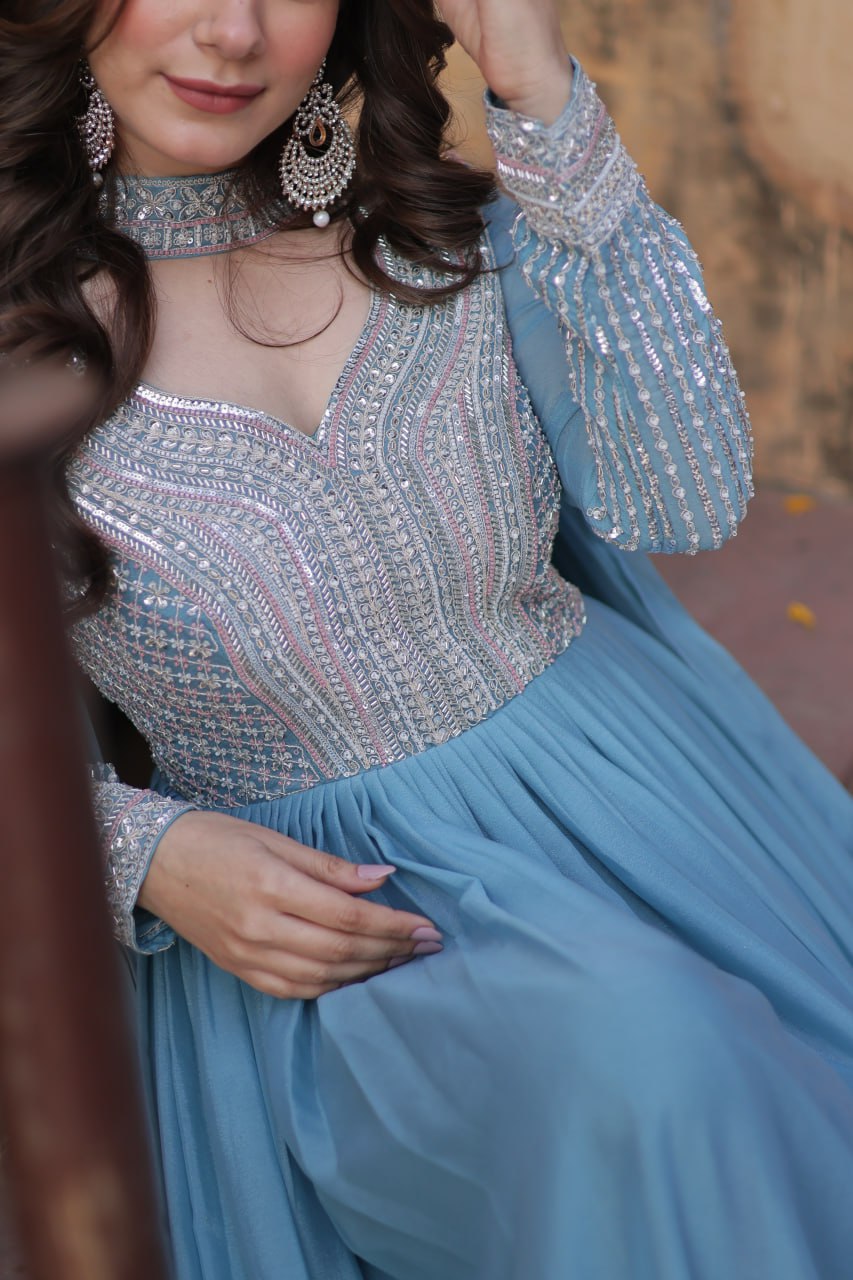 Exquisite Georgette Embroidered Beads Sequins Worked Gown With Dupatta - INDIAN ELEGANCE