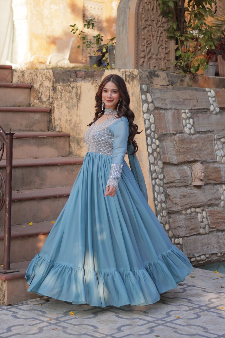 Exquisite Georgette Embroidered Beads Sequins Worked Gown With Dupatta - INDIAN ELEGANCE