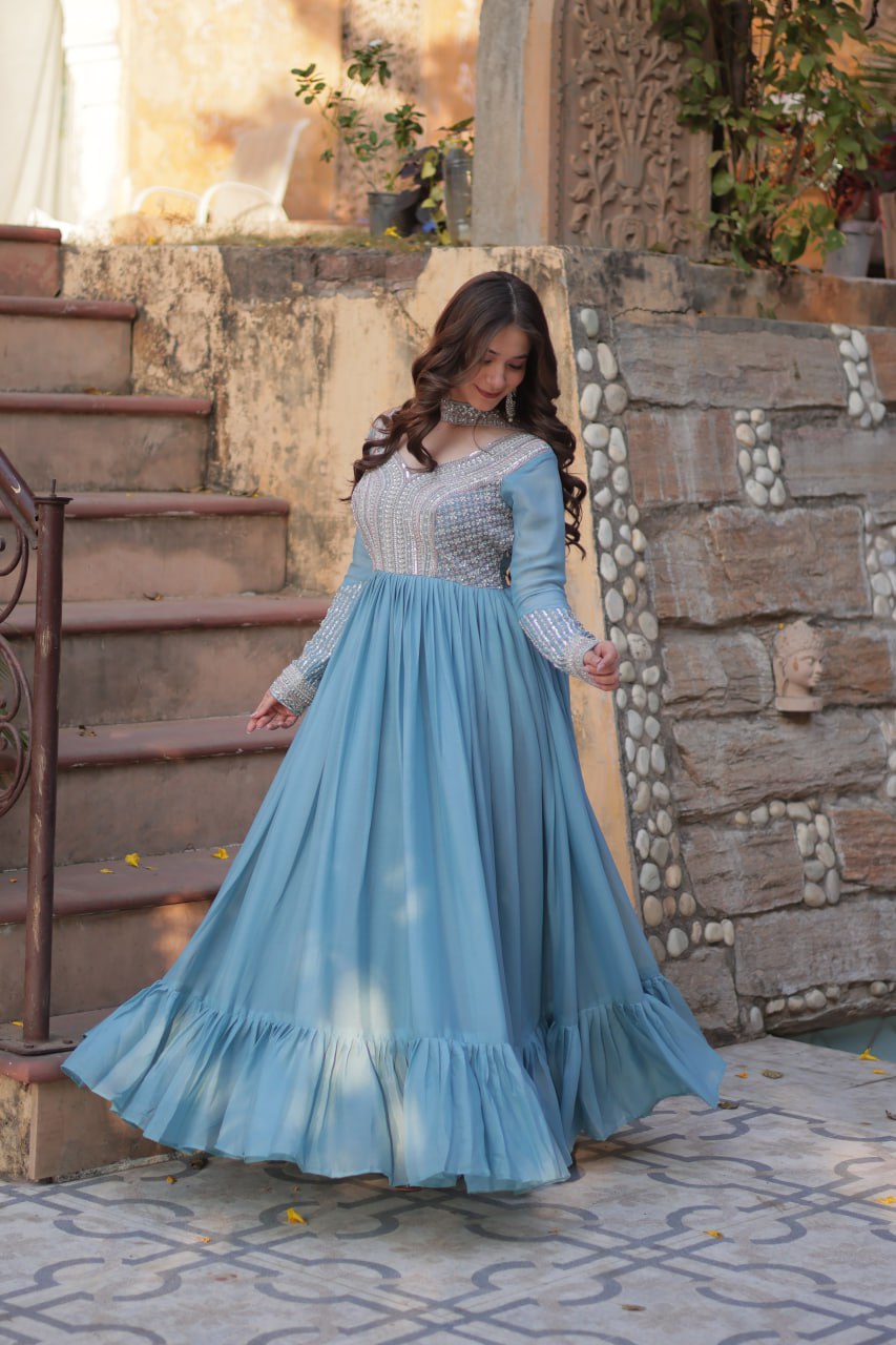 Exquisite Georgette Embroidered Beads Sequins Worked Gown With Dupatta - INDIAN ELEGANCE