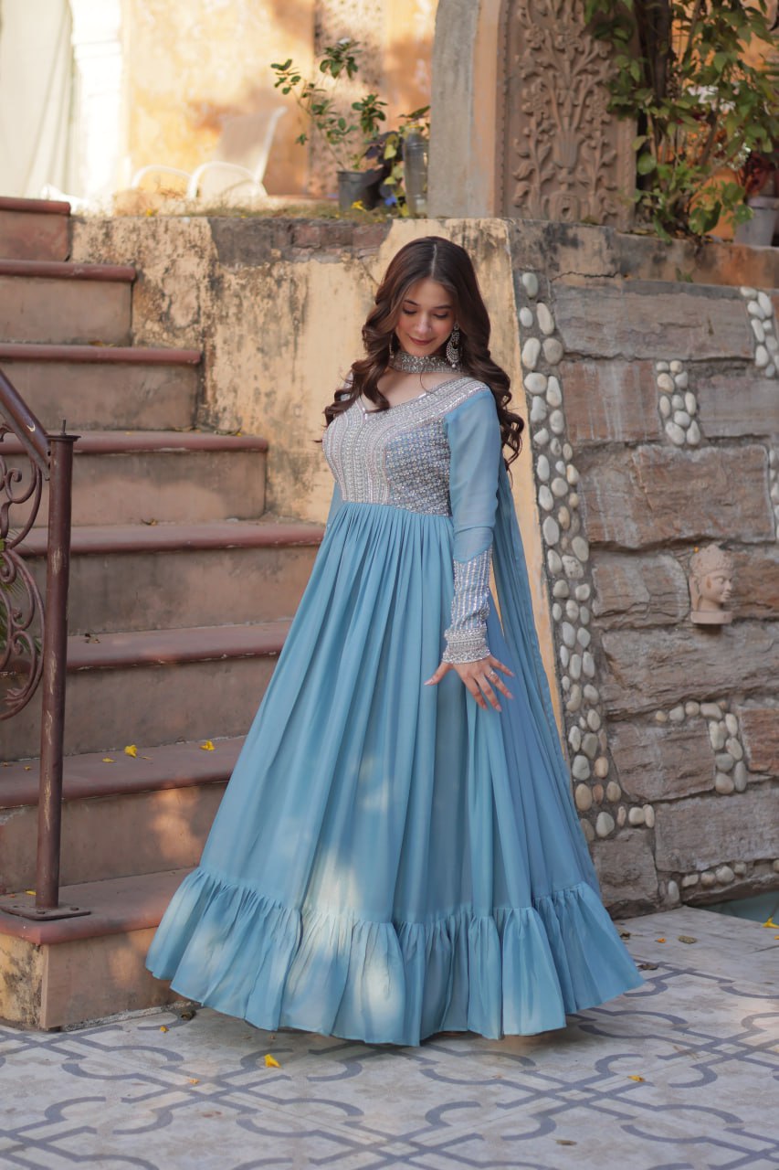 Exquisite Georgette Embroidered Beads Sequins Worked Gown With Dupatta - INDIAN ELEGANCE