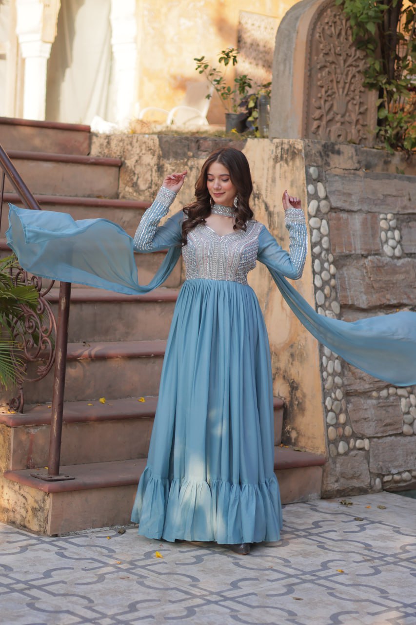 Exquisite Georgette Embroidered Beads Sequins Worked Gown With Dupatta - INDIAN ELEGANCE