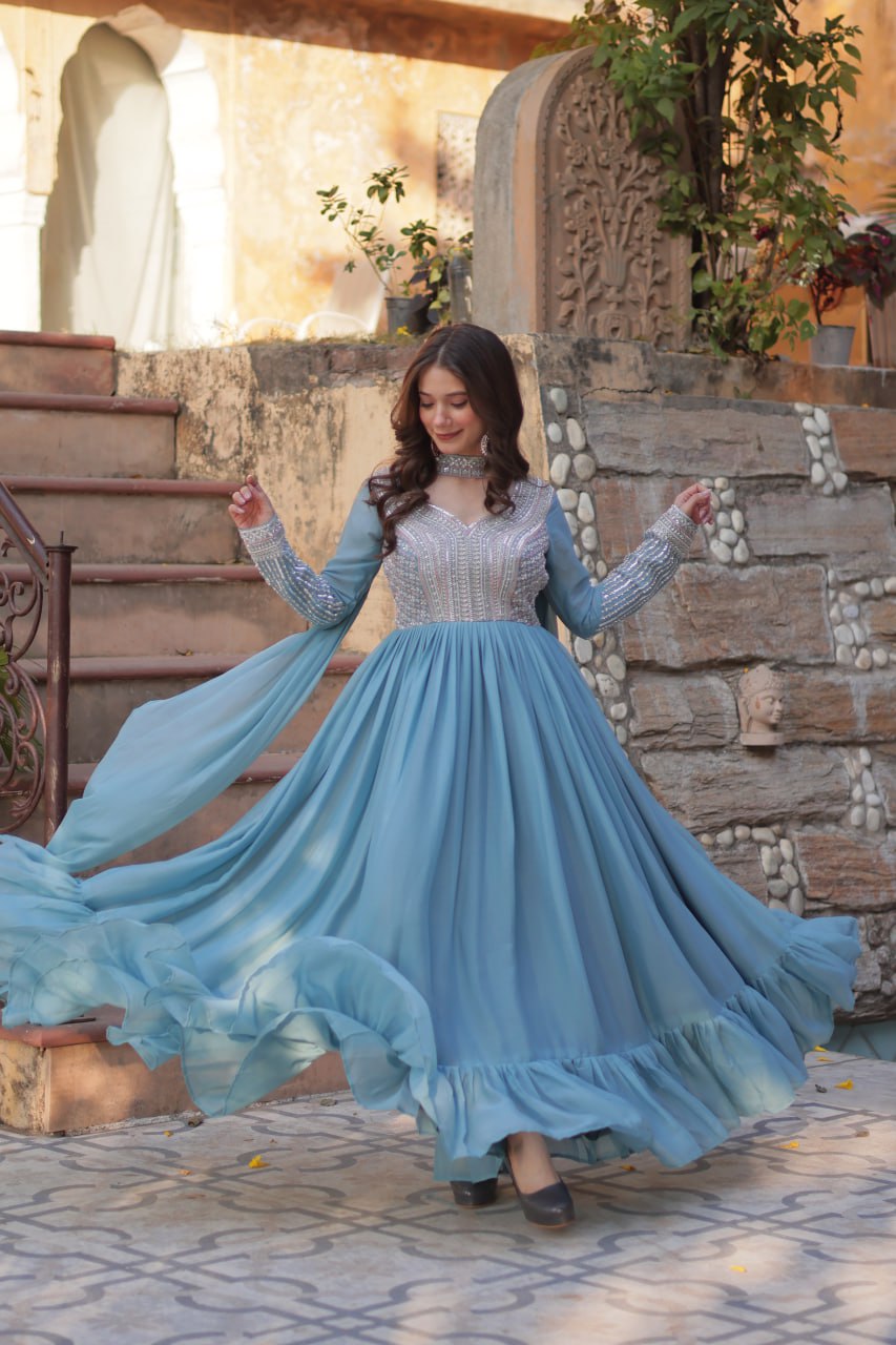 Exquisite Georgette Embroidered Beads Sequins Worked Gown With Dupatta - INDIAN ELEGANCE