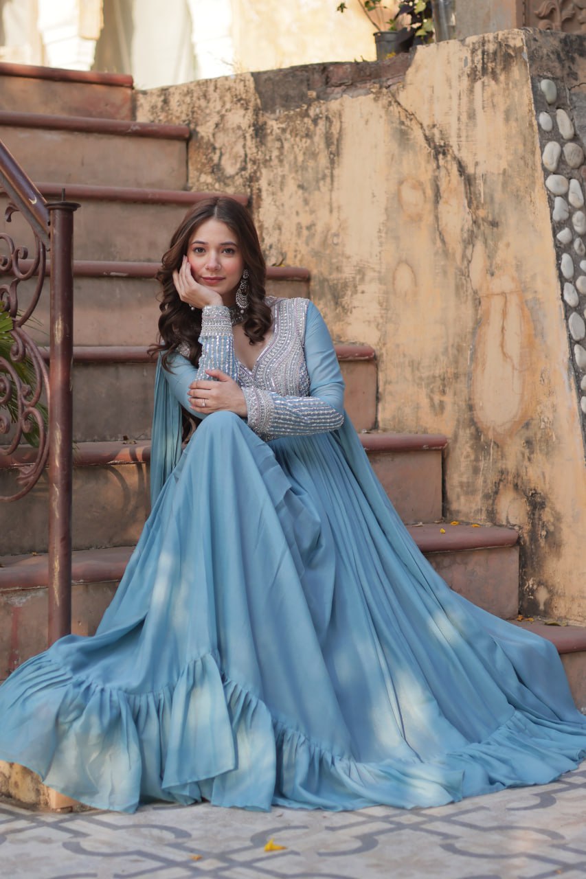 Exquisite Georgette Embroidered Beads Sequins Worked Gown With Dupatta - INDIAN ELEGANCE