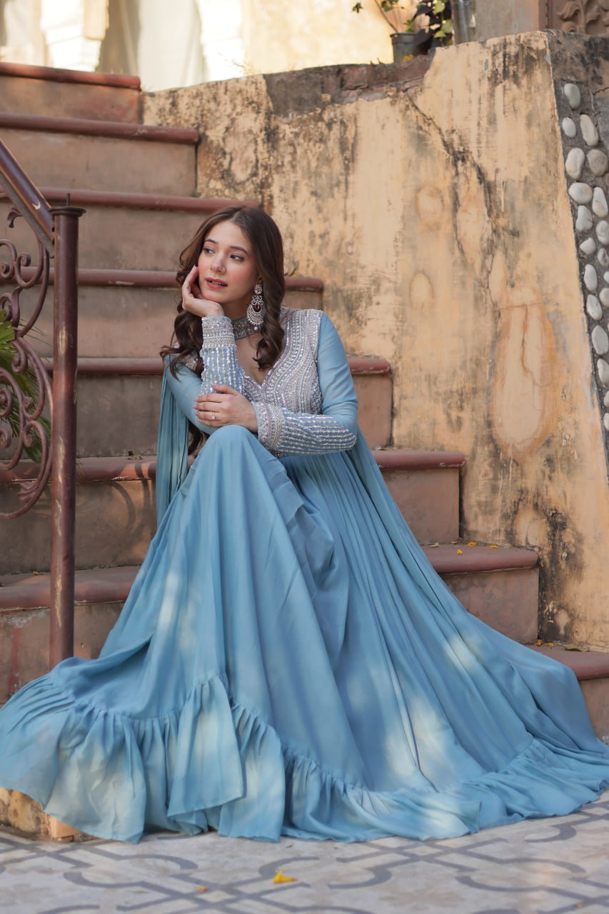 Exquisite Georgette Embroidered Beads Sequins Worked Gown With Dupatta - INDIAN ELEGANCE
