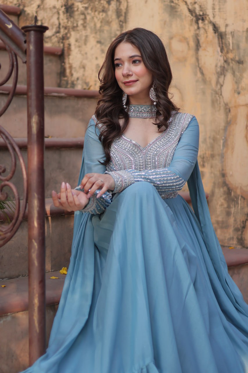 Exquisite Georgette Embroidered Beads Sequins Worked Gown With Dupatta - INDIAN ELEGANCE