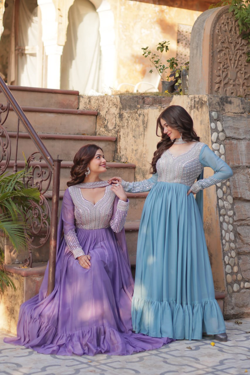 Exquisite Georgette Embroidered Beads Sequins Worked Gown With Dupatta - INDIAN ELEGANCE