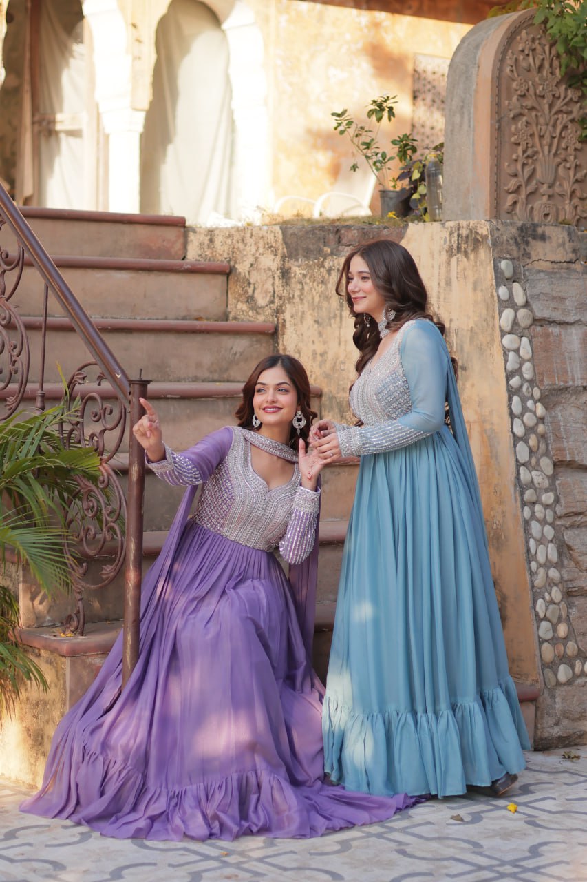 Exquisite Georgette Embroidered Beads Sequins Worked Gown With Dupatta - INDIAN ELEGANCE
