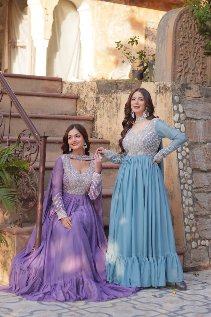 Exquisite Georgette Embroidered Beads Sequins Worked Gown With Dupatta - INDIAN ELEGANCE
