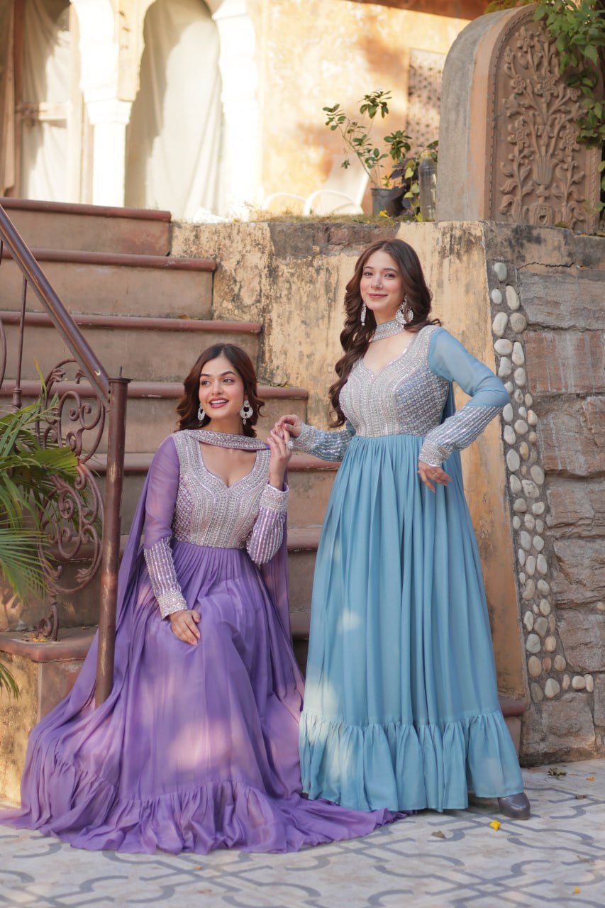 Exquisite Georgette Embroidered Beads Sequins Worked Gown With Dupatta - INDIAN ELEGANCE