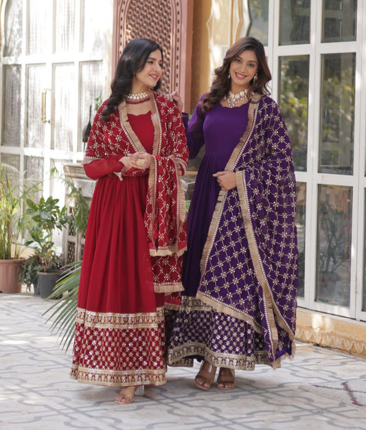 Elegant Faux Blooming Georgette Sequins Embroidered Gown Set