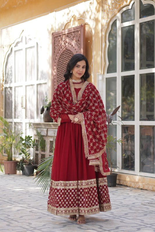 Elegant Faux Blooming Georgette Sequins Embroidered Gown Set