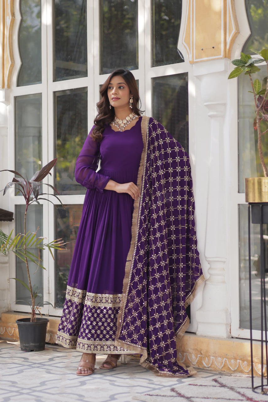 Elegant Faux Blooming Georgette Sequins Embroidered Gown Set