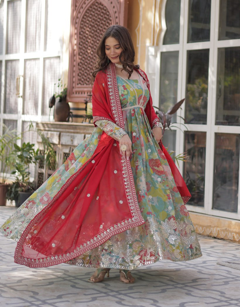 Elegant Russian Silk Anarkali Set With Embroidered Dupatta
