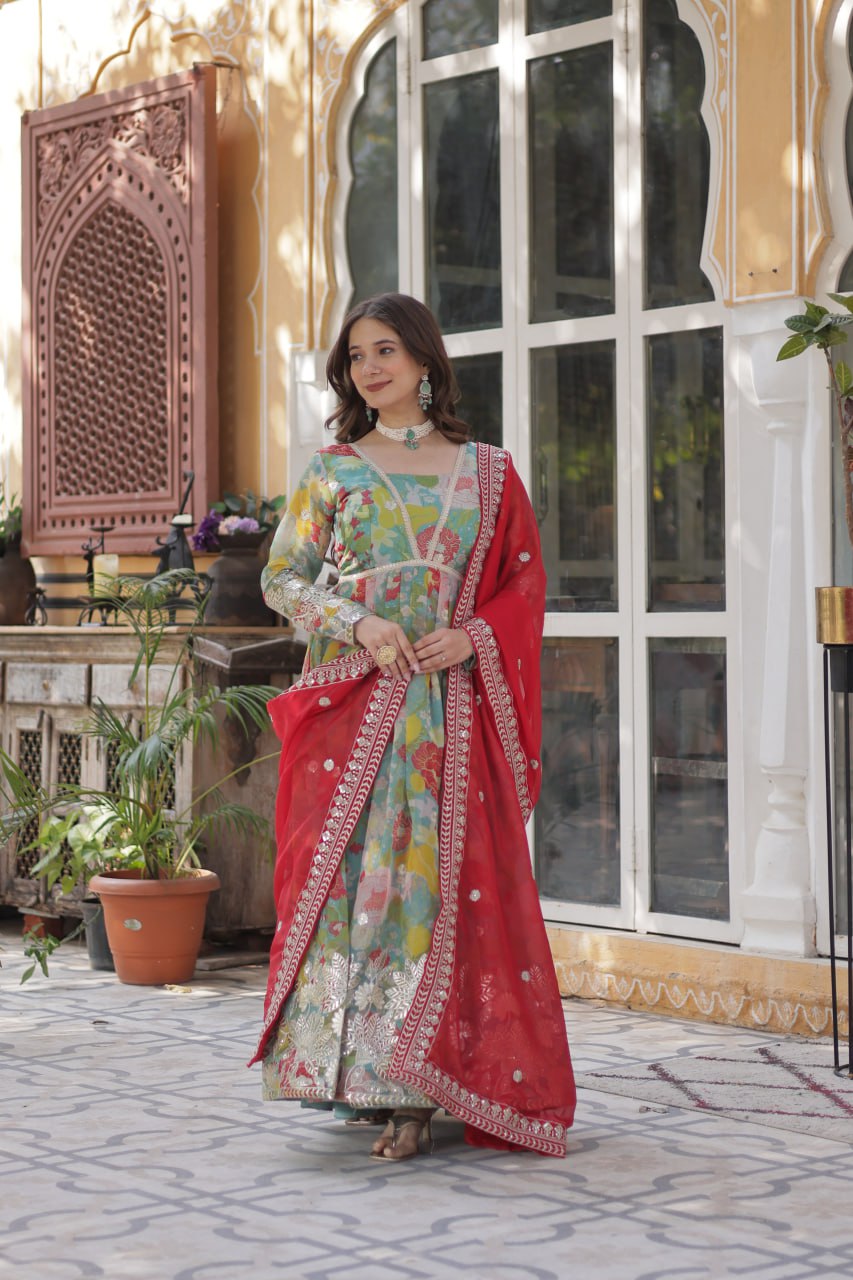Elegant Russian Silk Anarkali Set With Embroidered Dupatta