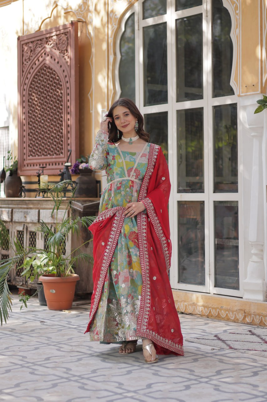 Elegant Russian Silk Anarkali Set With Embroidered Dupatta