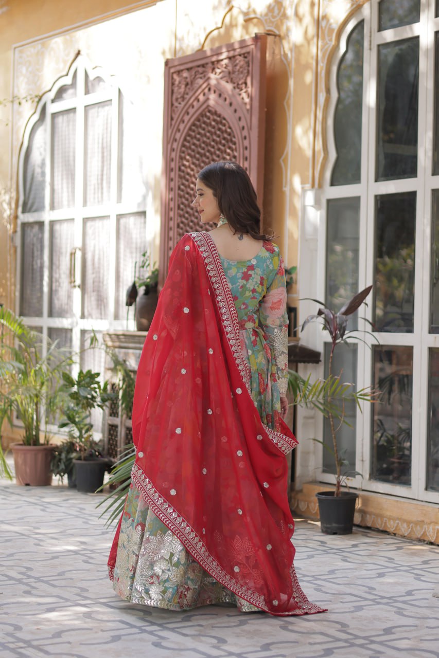 Elegant Russian Silk Anarkali Set With Embroidered Dupatta