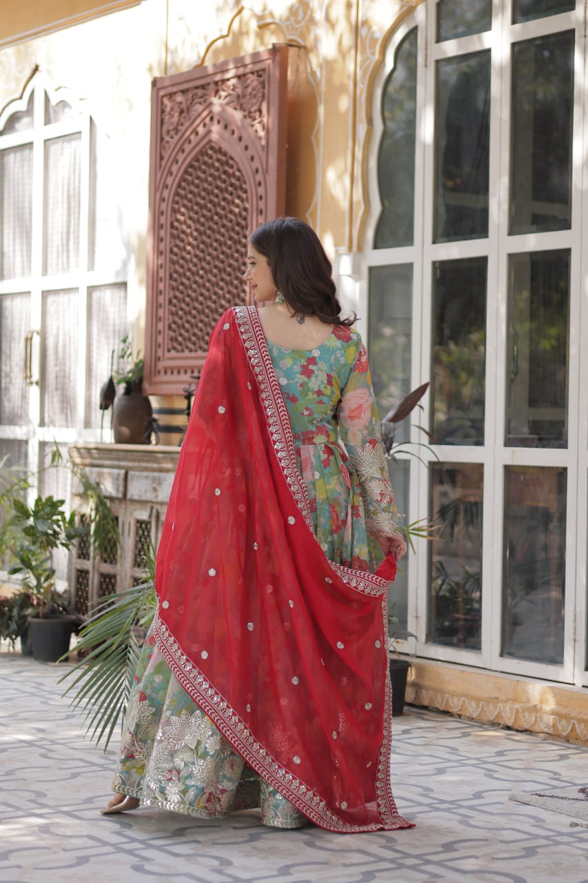 Elegant Russian Silk Anarkali Set With Embroidered Dupatta