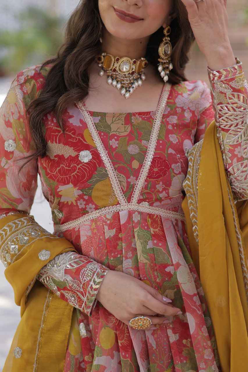 Elegant Russian Silk Anarkali Set With Embroidered Dupatta