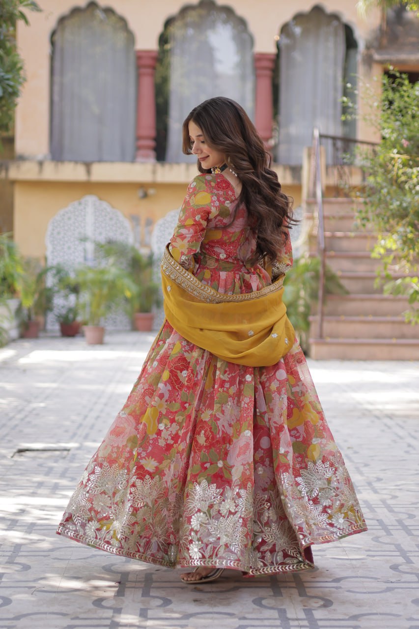 Elegant Russian Silk Anarkali Set With Embroidered Dupatta