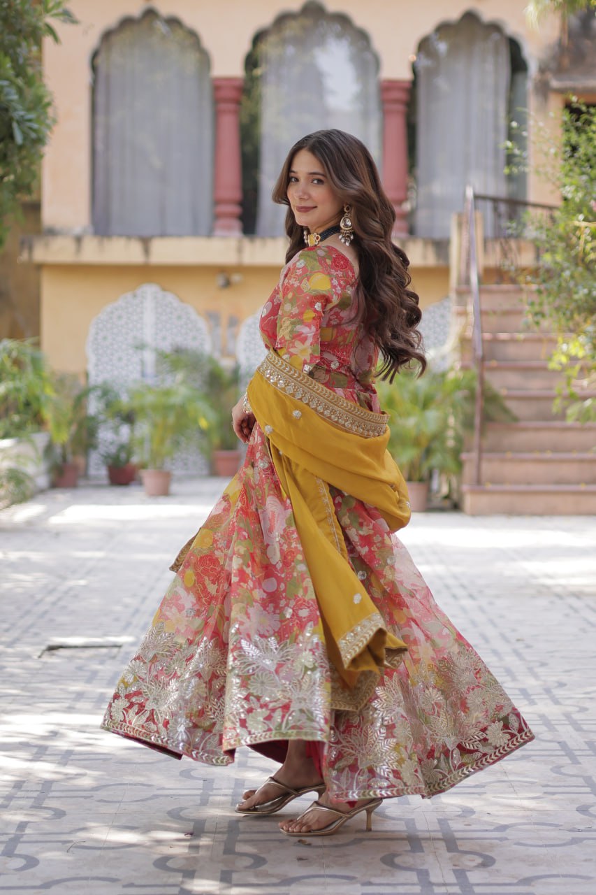 Elegant Russian Silk Anarkali Set With Embroidered Dupatta