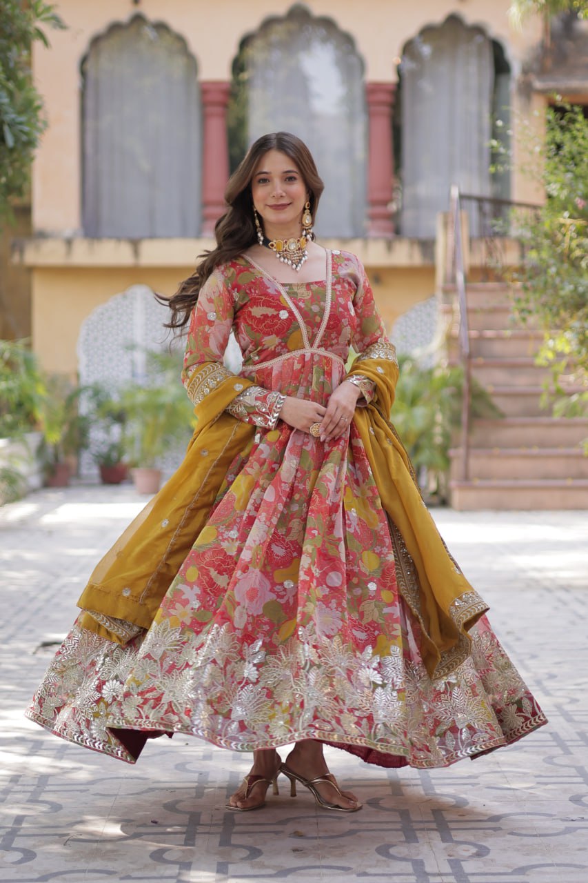 Elegant Russian Silk Anarkali Set With Embroidered Dupatta