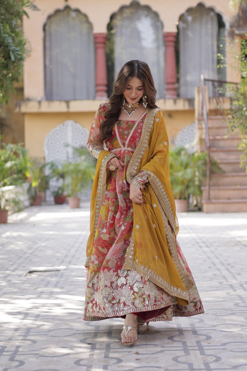 Elegant Russian Silk Anarkali Set With Embroidered Dupatta