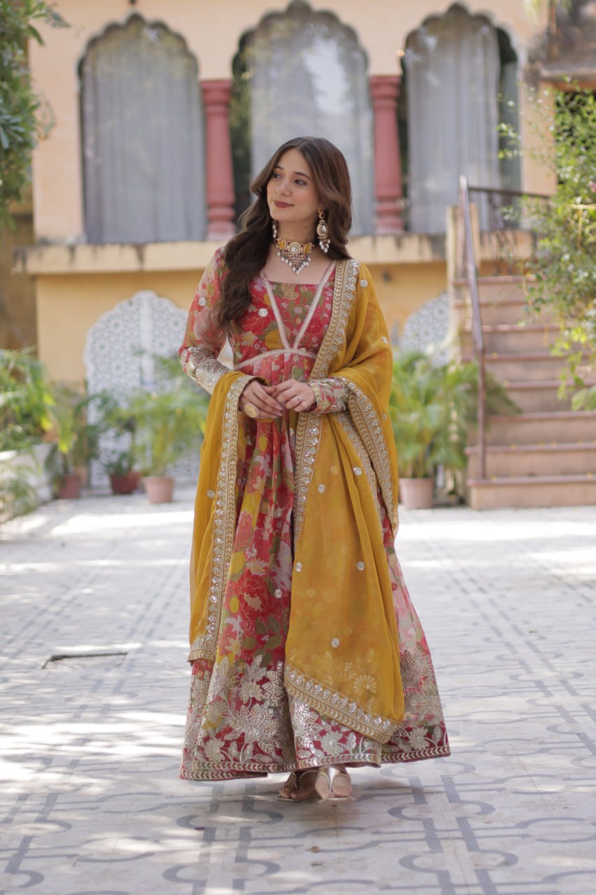 Elegant Russian Silk Anarkali Set With Embroidered Dupatta
