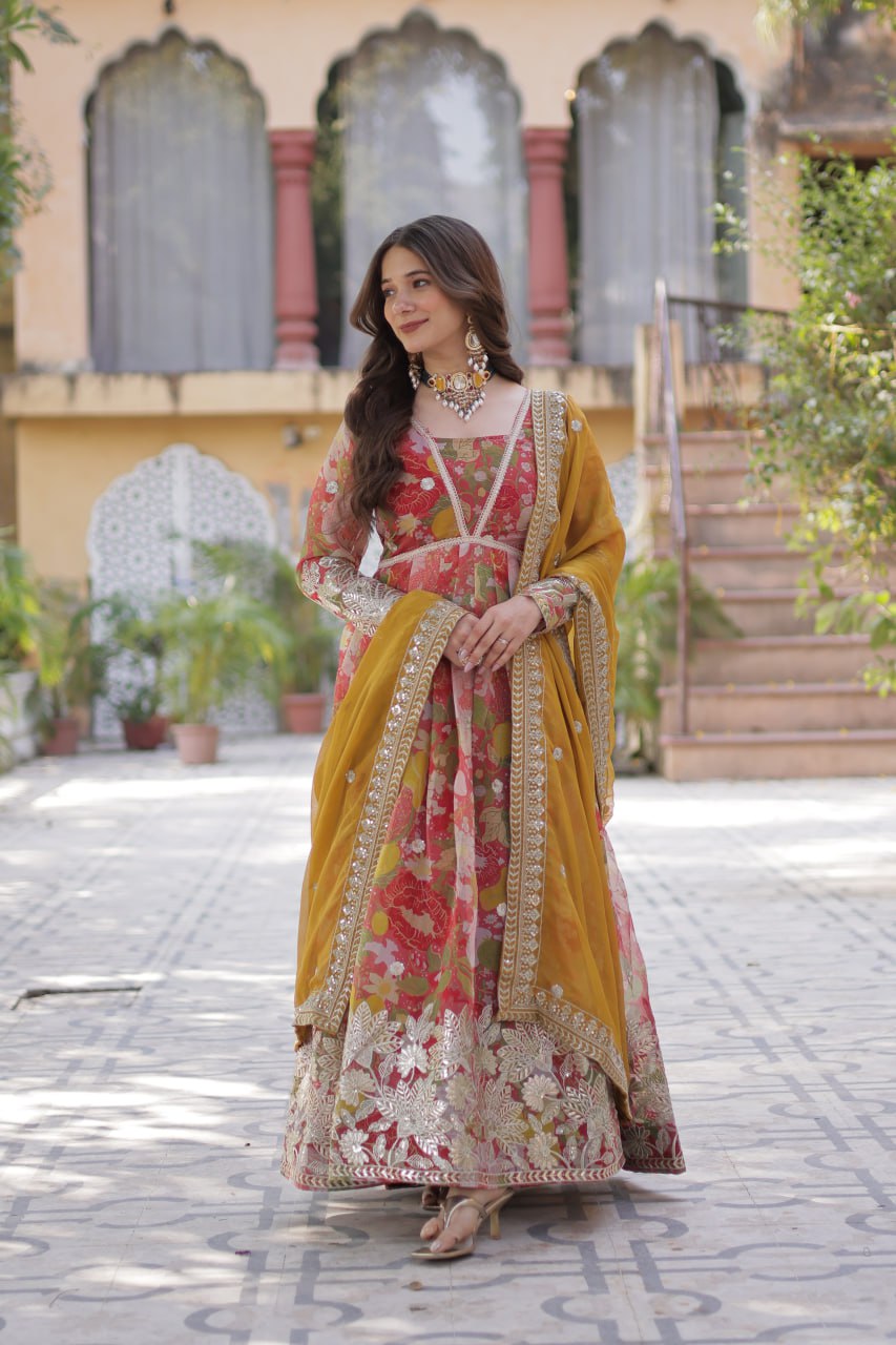 Elegant Russian Silk Anarkali Set With Embroidered Dupatta
