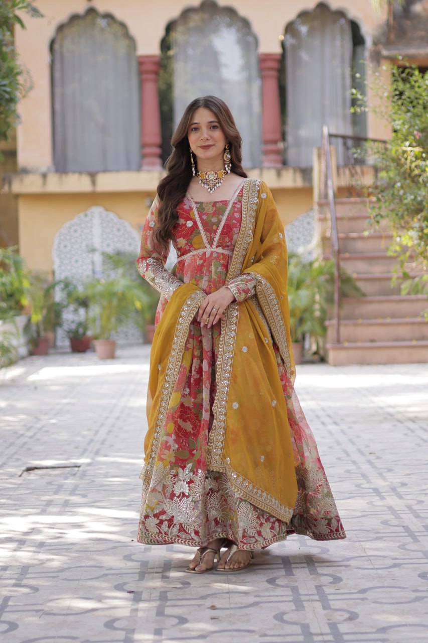 Elegant Russian Silk Anarkali Set With Embroidered Dupatta
