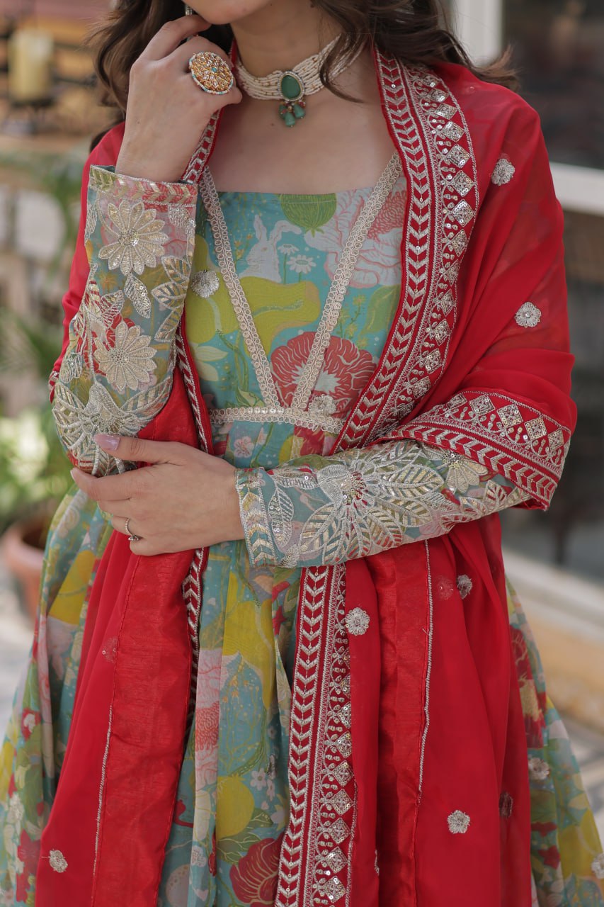 Elegant Russian Silk Anarkali Set With Embroidered Dupatta