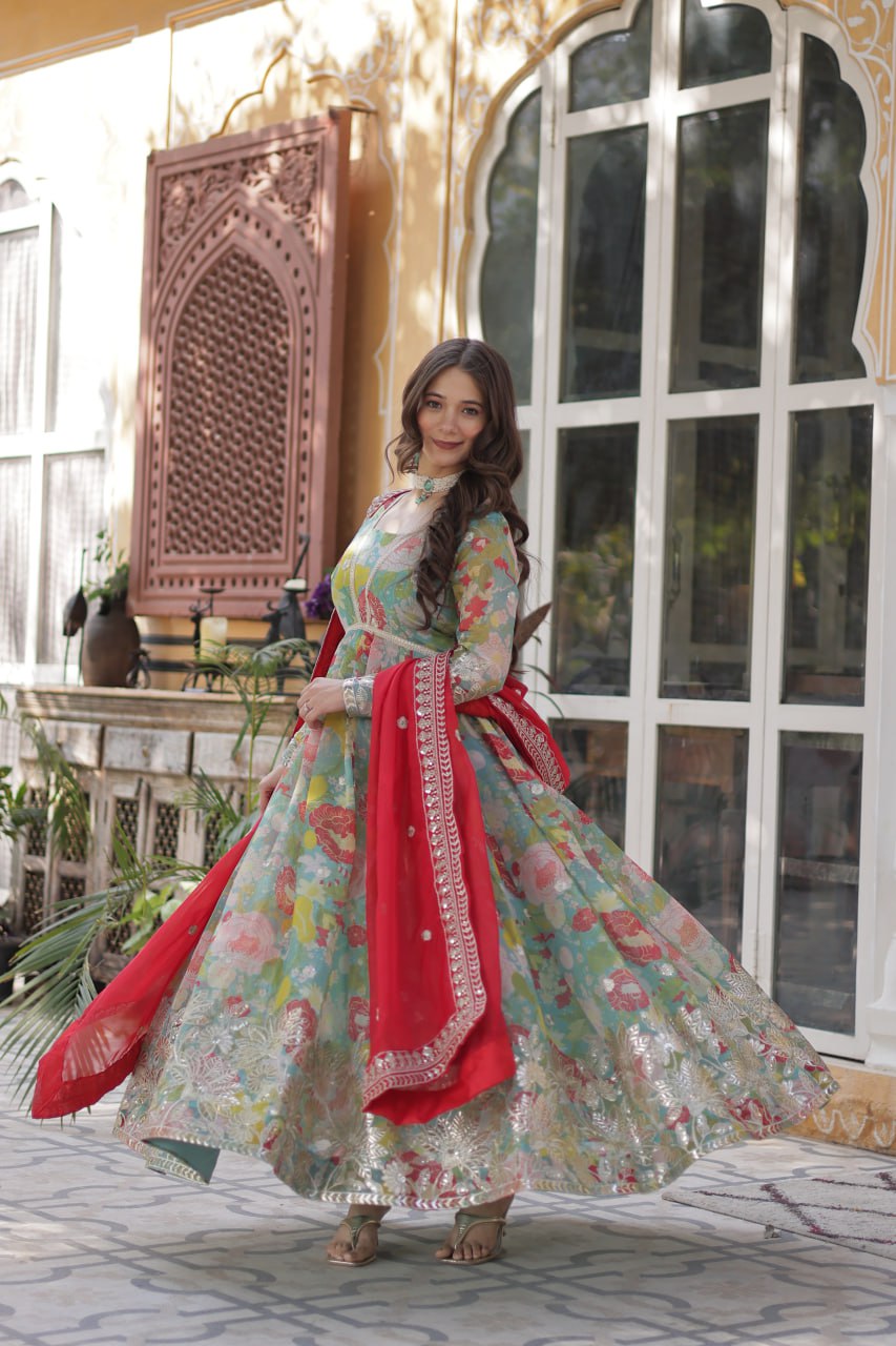 Elegant Russian Silk Anarkali Set With Embroidered Dupatta